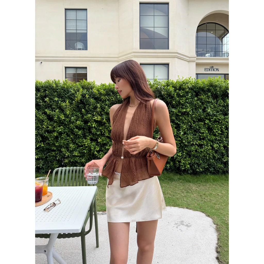 La Boutique Lace-Up Textured Halter Top