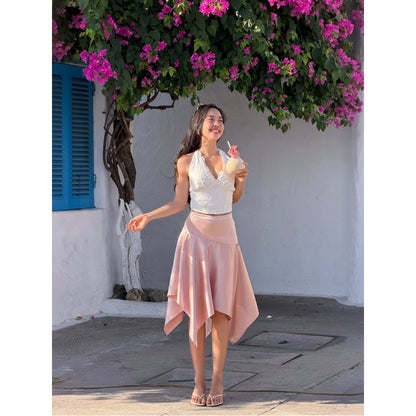 La Boutique Asymmetric Silk Midi Skirt