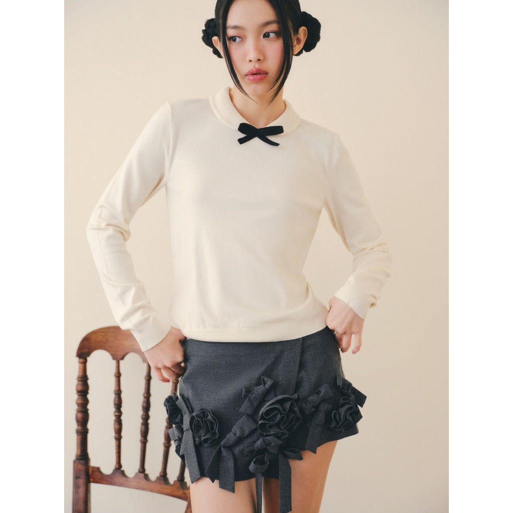 OLV Cream Mesh Bow Knit Top