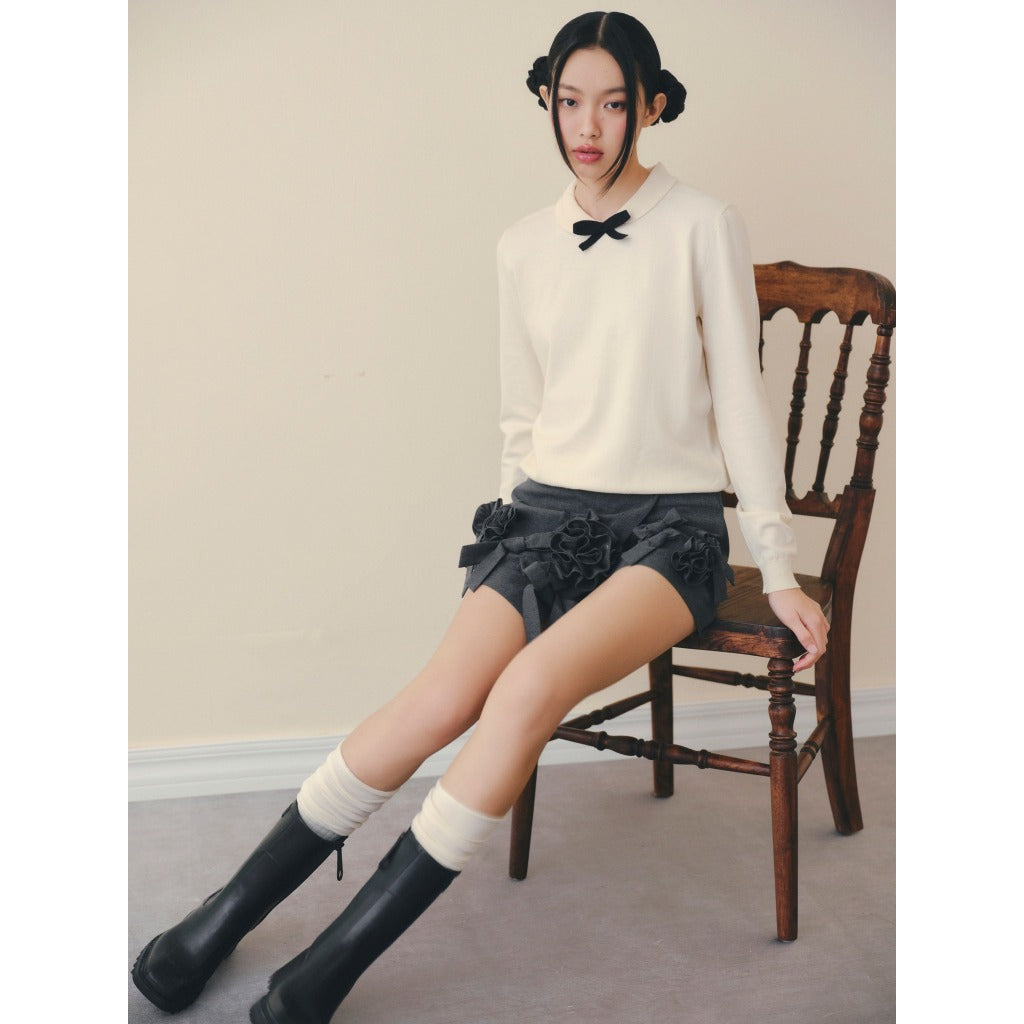 OLV Cream Mesh Bow Knit Top
