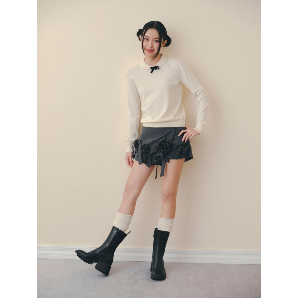 OLV Cream Mesh Bow Knit Top